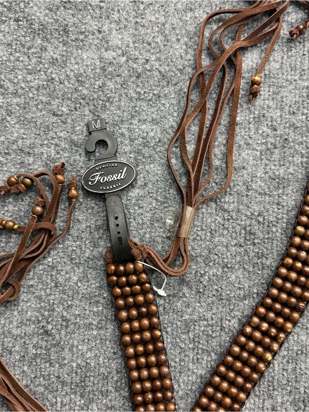 Fossil Classic Vintage Brown Wooden Beaded Tie Belt Size M Boho Y2K